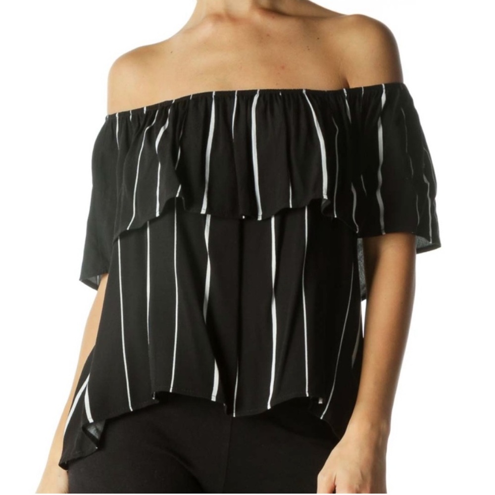 Honey Punch Black and White Off-Shoulder Striped Top - small